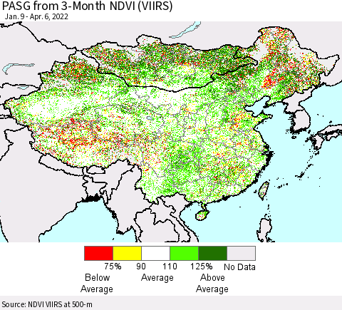 China, Mongolia and Taiwan PASG from 3-Month NDVI (VIIRS) Thematic Map For 3/30/2022 - 4/6/2022