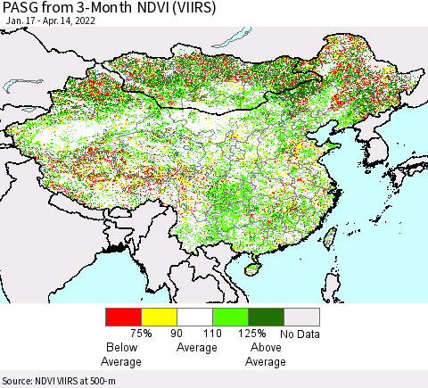 China, Mongolia and Taiwan PASG from 3-Month NDVI (VIIRS) Thematic Map For 4/7/2022 - 4/14/2022