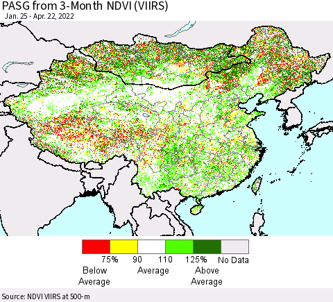 China, Mongolia and Taiwan PASG from 3-Month NDVI (VIIRS) Thematic Map For 4/15/2022 - 4/22/2022