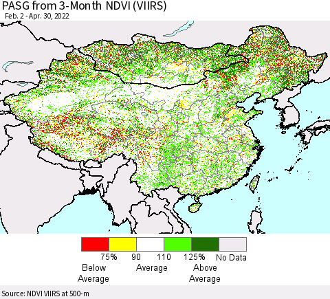China, Mongolia and Taiwan PASG from 3-Month NDVI (VIIRS) Thematic Map For 4/23/2022 - 4/30/2022
