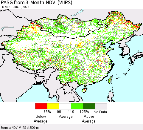 China, Mongolia and Taiwan PASG from 3-Month NDVI (VIIRS) Thematic Map For 5/25/2022 - 6/1/2022