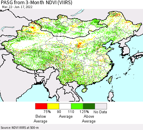 China, Mongolia and Taiwan PASG from 3-Month NDVI (VIIRS) Thematic Map For 6/10/2022 - 6/17/2022