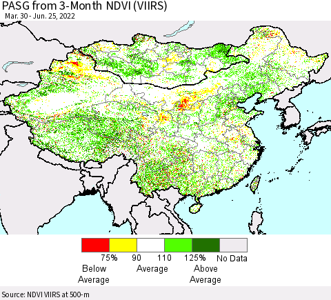 China, Mongolia and Taiwan PASG from 3-Month NDVI (VIIRS) Thematic Map For 6/18/2022 - 6/25/2022