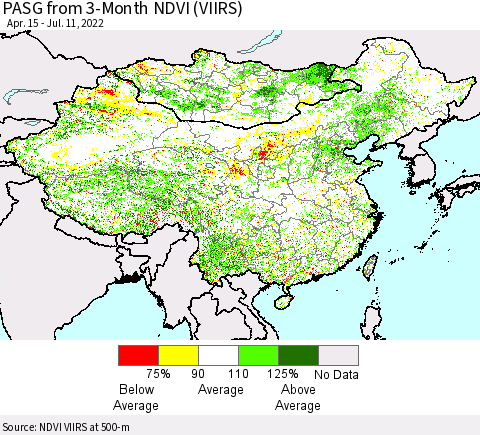 China, Mongolia and Taiwan PASG from 3-Month NDVI (VIIRS) Thematic Map For 7/4/2022 - 7/11/2022