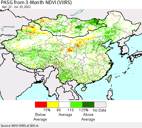 China, Mongolia and Taiwan PASG from 3-Month NDVI (VIIRS) Thematic Map For 7/12/2022 - 7/19/2022