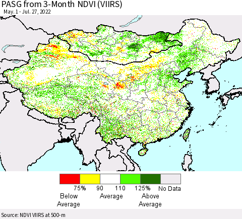 China, Mongolia and Taiwan PASG from 3-Month NDVI (VIIRS) Thematic Map For 7/20/2022 - 7/27/2022