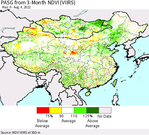 China, Mongolia and Taiwan PASG from 3-Month NDVI (VIIRS) Thematic Map For 7/28/2022 - 8/4/2022