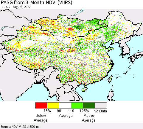 China, Mongolia and Taiwan PASG from 3-Month NDVI (VIIRS) Thematic Map For 8/21/2022 - 8/28/2022
