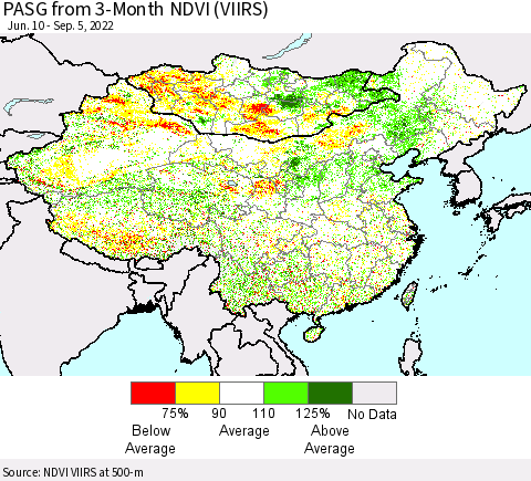 China, Mongolia and Taiwan PASG from 3-Month NDVI (VIIRS) Thematic Map For 8/29/2022 - 9/5/2022