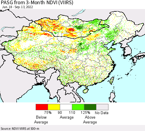 China, Mongolia and Taiwan PASG from 3-Month NDVI (VIIRS) Thematic Map For 9/6/2022 - 9/13/2022