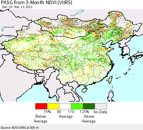 China, Mongolia and Taiwan PASG from 3-Month NDVI (VIIRS) Thematic Map For 3/6/2023 - 3/13/2023