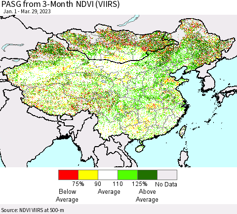 China, Mongolia and Taiwan PASG from 3-Month NDVI (VIIRS) Thematic Map For 3/22/2023 - 3/29/2023