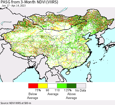 China, Mongolia and Taiwan PASG from 3-Month NDVI (VIIRS) Thematic Map For 4/7/2023 - 4/14/2023