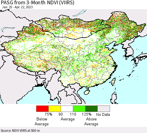 China, Mongolia and Taiwan PASG from 3-Month NDVI (VIIRS) Thematic Map For 4/15/2023 - 4/22/2023