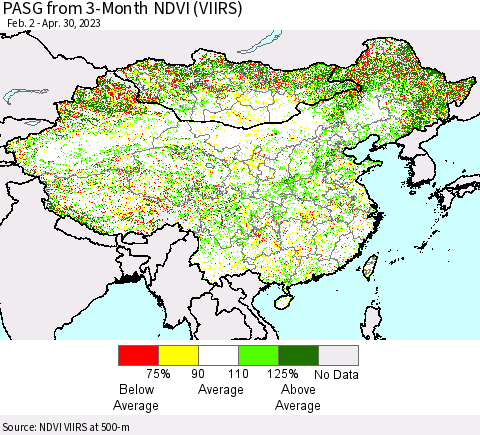 China, Mongolia and Taiwan PASG from 3-Month NDVI (VIIRS) Thematic Map For 4/23/2023 - 4/30/2023