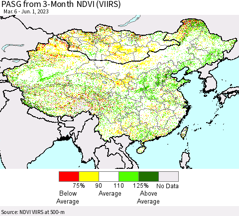 China, Mongolia and Taiwan PASG from 3-Month NDVI (VIIRS) Thematic Map For 5/25/2023 - 6/1/2023