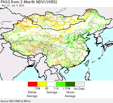 China, Mongolia and Taiwan PASG from 3-Month NDVI (VIIRS) Thematic Map For 6/2/2023 - 6/9/2023