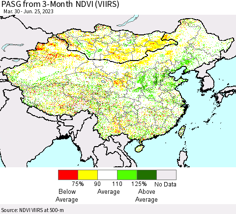 China, Mongolia and Taiwan PASG from 3-Month NDVI (VIIRS) Thematic Map For 6/18/2023 - 6/25/2023
