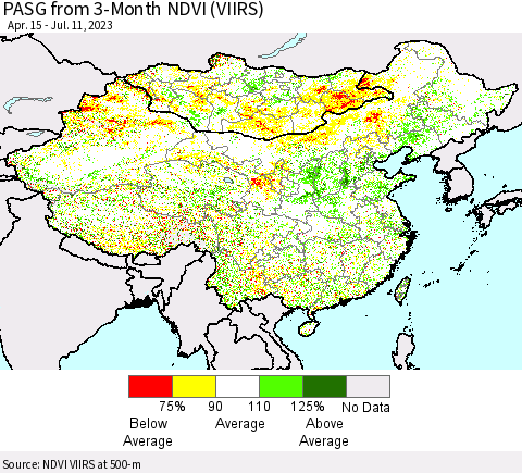 China, Mongolia and Taiwan PASG from 3-Month NDVI (VIIRS) Thematic Map For 7/4/2023 - 7/11/2023