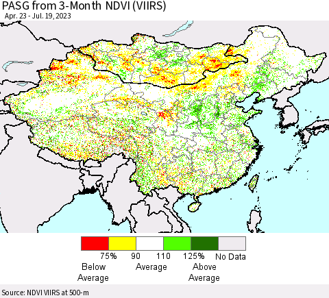 China, Mongolia and Taiwan PASG from 3-Month NDVI (VIIRS) Thematic Map For 7/12/2023 - 7/19/2023