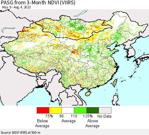 China, Mongolia and Taiwan PASG from 3-Month NDVI (VIIRS) Thematic Map For 7/28/2023 - 8/4/2023