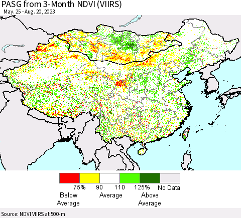 China, Mongolia and Taiwan PASG from 3-Month NDVI (VIIRS) Thematic Map For 8/13/2023 - 8/20/2023