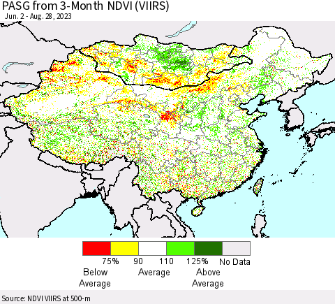 China, Mongolia and Taiwan PASG from 3-Month NDVI (VIIRS) Thematic Map For 8/21/2023 - 8/28/2023