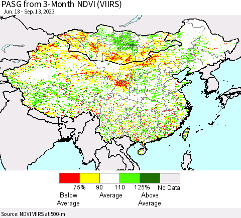 China, Mongolia and Taiwan PASG from 3-Month NDVI (VIIRS) Thematic Map For 9/6/2023 - 9/13/2023
