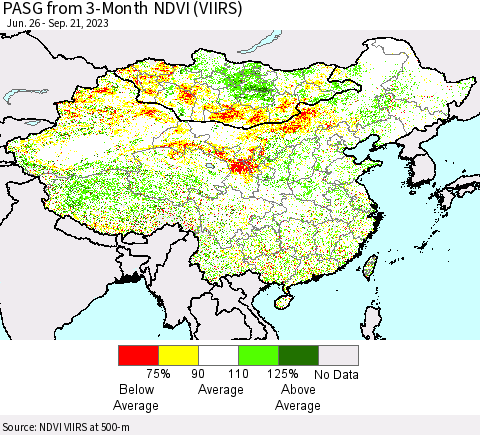 China, Mongolia and Taiwan PASG from 3-Month NDVI (VIIRS) Thematic Map For 9/14/2023 - 9/21/2023