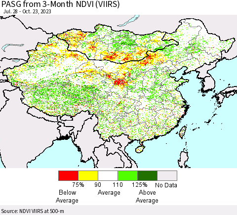 China, Mongolia and Taiwan PASG from 3-Month NDVI (VIIRS) Thematic Map For 10/16/2023 - 10/23/2023