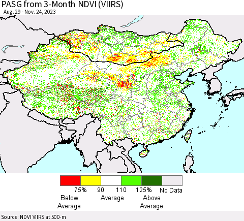 China, Mongolia and Taiwan PASG from 3-Month NDVI (VIIRS) Thematic Map For 11/17/2023 - 11/24/2023