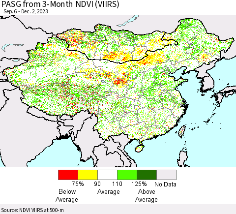 China, Mongolia and Taiwan PASG from 3-Month NDVI (VIIRS) Thematic Map For 11/25/2023 - 12/2/2023
