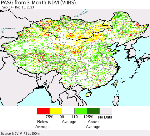 China, Mongolia and Taiwan PASG from 3-Month NDVI (VIIRS) Thematic Map For 12/3/2023 - 12/10/2023