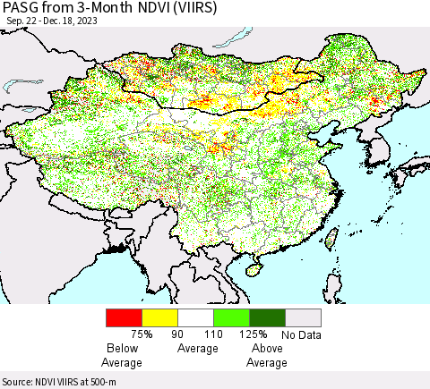 China, Mongolia and Taiwan PASG from 3-Month NDVI (VIIRS) Thematic Map For 12/11/2023 - 12/18/2023