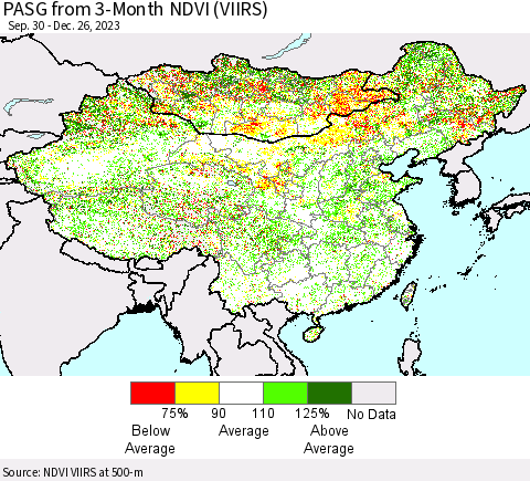 China, Mongolia and Taiwan PASG from 3-Month NDVI (VIIRS) Thematic Map For 12/19/2023 - 12/26/2023