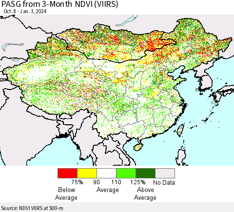 China, Mongolia and Taiwan PASG from 3-Month NDVI (VIIRS) Thematic Map For 12/27/2023 - 1/3/2024