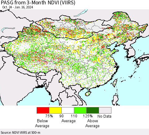 China, Mongolia and Taiwan PASG from 3-Month NDVI (VIIRS) Thematic Map For 1/9/2024 - 1/16/2024