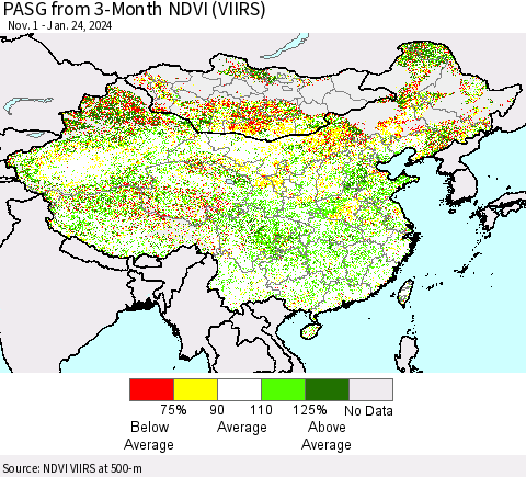 China, Mongolia and Taiwan PASG from 3-Month NDVI (VIIRS) Thematic Map For 1/17/2024 - 1/24/2024