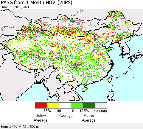 China, Mongolia and Taiwan PASG from 3-Month NDVI (VIIRS) Thematic Map For 1/25/2024 - 2/1/2024