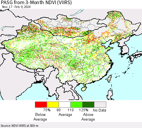 China, Mongolia and Taiwan PASG from 3-Month NDVI (VIIRS) Thematic Map For 2/2/2024 - 2/9/2024