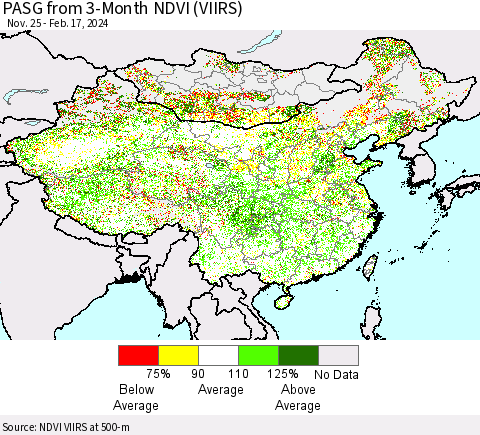 China, Mongolia and Taiwan PASG from 3-Month NDVI (VIIRS) Thematic Map For 2/10/2024 - 2/17/2024