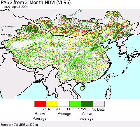 China, Mongolia and Taiwan PASG from 3-Month NDVI (VIIRS) Thematic Map For 3/29/2024 - 4/5/2024