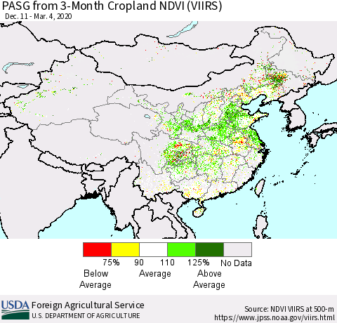 China, Mongolia and Taiwan PASG from 3-Month Cropland NDVI (VIIRS) Thematic Map For 3/1/2020 - 3/10/2020