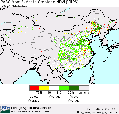 China, Mongolia and Taiwan PASG from 3-Month Cropland NDVI (VIIRS) Thematic Map For 3/11/2020 - 3/20/2020