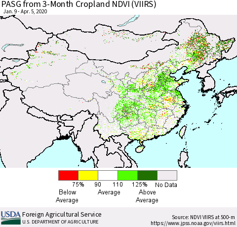China, Mongolia and Taiwan PASG from 3-Month Cropland NDVI (VIIRS) Thematic Map For 4/1/2020 - 4/10/2020