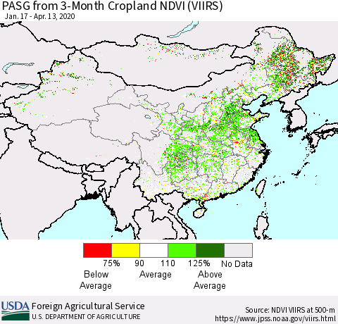 China, Mongolia and Taiwan PASG from 3-Month Cropland NDVI (VIIRS) Thematic Map For 4/11/2020 - 4/20/2020