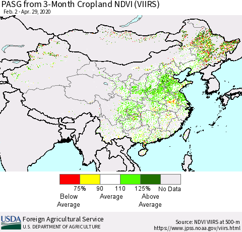 China, Mongolia and Taiwan PASG from 3-Month Cropland NDVI (VIIRS) Thematic Map For 4/21/2020 - 4/30/2020