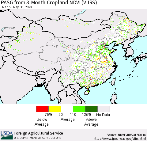 China, Mongolia and Taiwan PASG from 3-Month Cropland NDVI (VIIRS) Thematic Map For 5/21/2020 - 5/31/2020