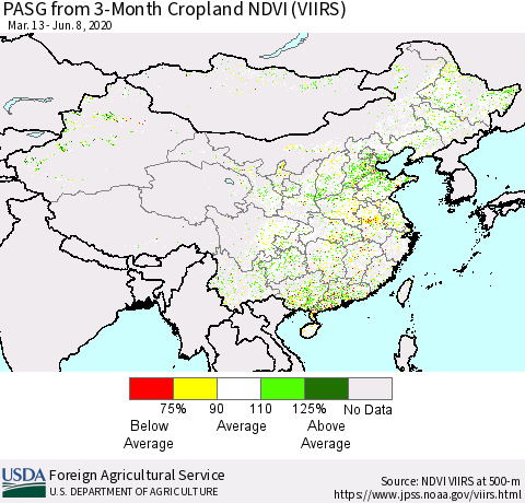 China, Mongolia and Taiwan PASG from 3-Month Cropland NDVI (VIIRS) Thematic Map For 6/1/2020 - 6/10/2020