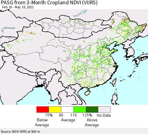 China, Mongolia and Taiwan PASG from 3-Month Cropland NDVI (VIIRS) Thematic Map For 5/9/2021 - 5/16/2021